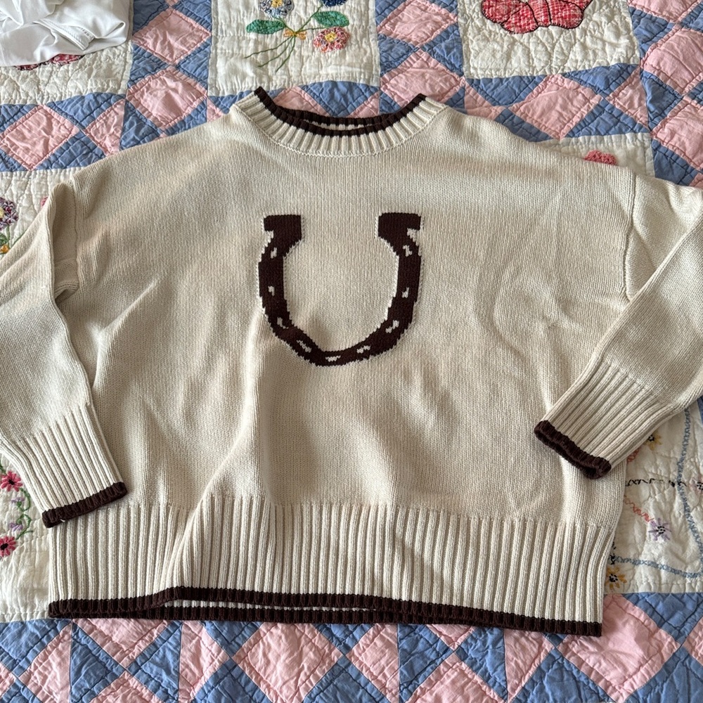 Cream Horseshoe Knit Sweater with Brown Trim - Women